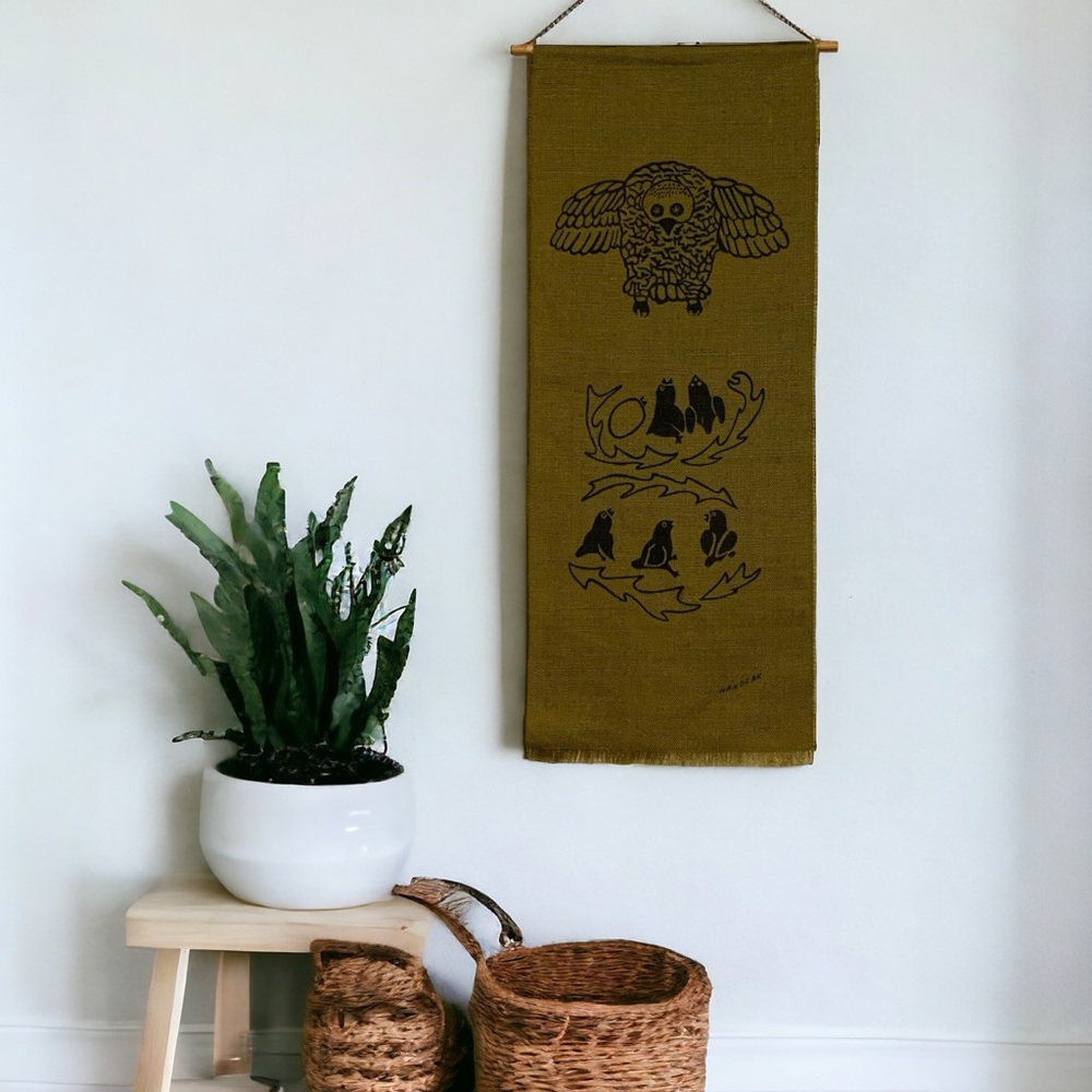 Agnes Nanogak Signed ‘Untitled - Owls’ Stencilled Burlap Wall Hanging